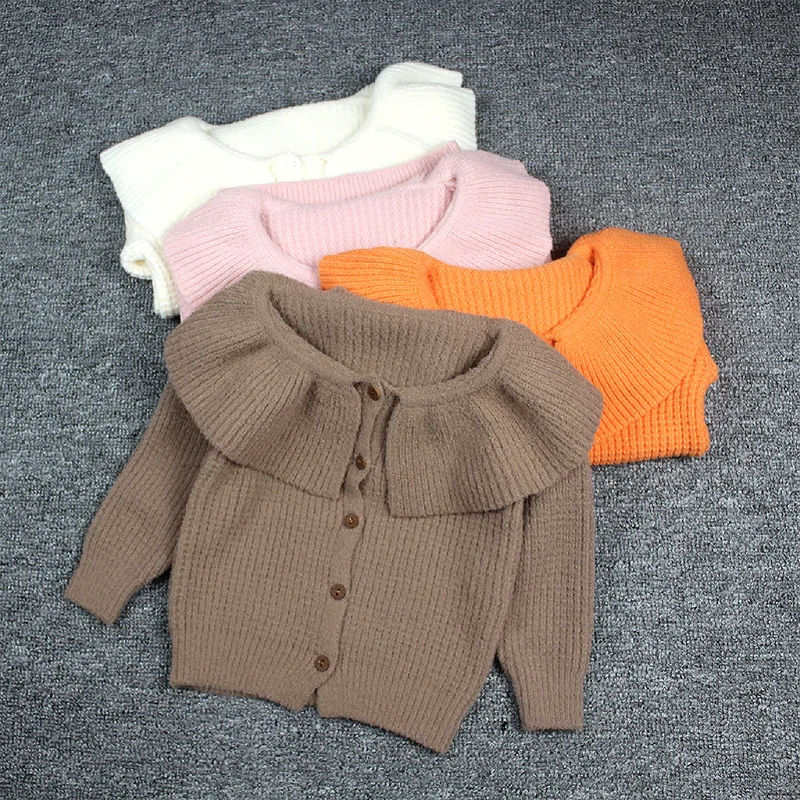 

2019 autumn fashion girls turn-down ruffle collar sweaters white brown orange pink knit cardigan children cotton cute outwear