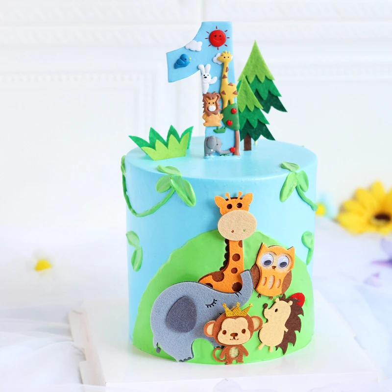 

Forest Animal Them Decoration Children's Birthday Baby Cake Toppers One Year Old Lion Giraffe Cat And Dog Ornament Plug-in