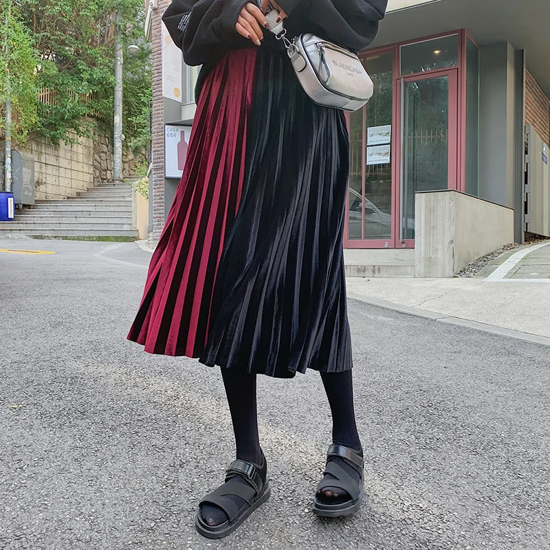 Осень Зима INS горячие цвета металлик плиссированные юбки Restro сшитые цвета Pleuche женские миди юбки винтажная Высокая Женская юбка