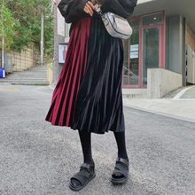 Осень Зима INS горячие цвета металлик плиссированные юбки Restro сшитые цвета Pleuche женские миди юбки винтажная Высокая Женская юбка