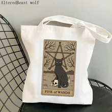 

Women Shopper bag Five of Wands cat Tarot Printed Bag Harajuku Shopping Canvas Shopper Bag girl handbag Tote Shoulder Lady Bag