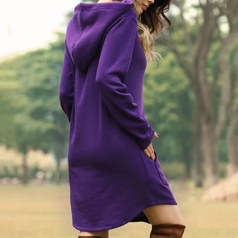 6 цветов зимние женские Простой стиль карман свободные нерегулярные подол с капюшоном платье(S-3XL