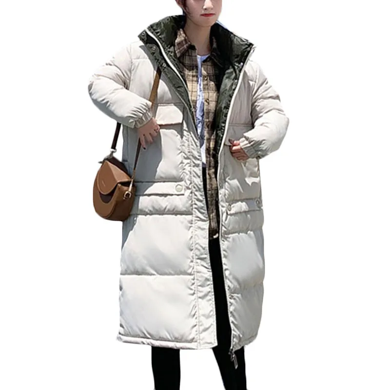 

Winter New Korean long Down cotton Jacket Women loose Casual Warm Cotton Jackets Creamy-white Womens Oversize Hooded Parkas F878