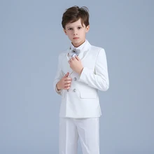 Детский деловой костюм, пиджак, Свадебный костюм для мальчиков, белый комплект из 5 предметов, Высококачественная куртка+ жилет+ штаны, размер 2-1 2 года