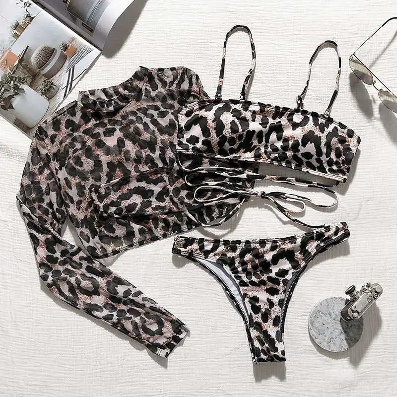 Aartiee Бразильский бикини 3 шт. Леопардовый принт с высоким вырезом купальник женский сексуальный сетчатый купальник с кроп-топом женские стринги бикини - Цвет: 2063-2
