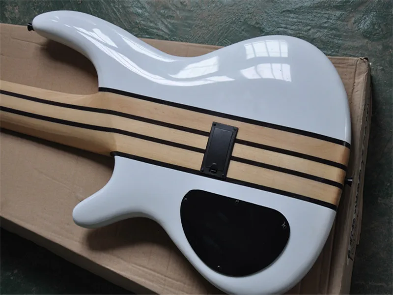 6 Strings White body Electric Bass Guitar with 2 Black Active Pickups,Black Hardware,Neck through body,offer customized