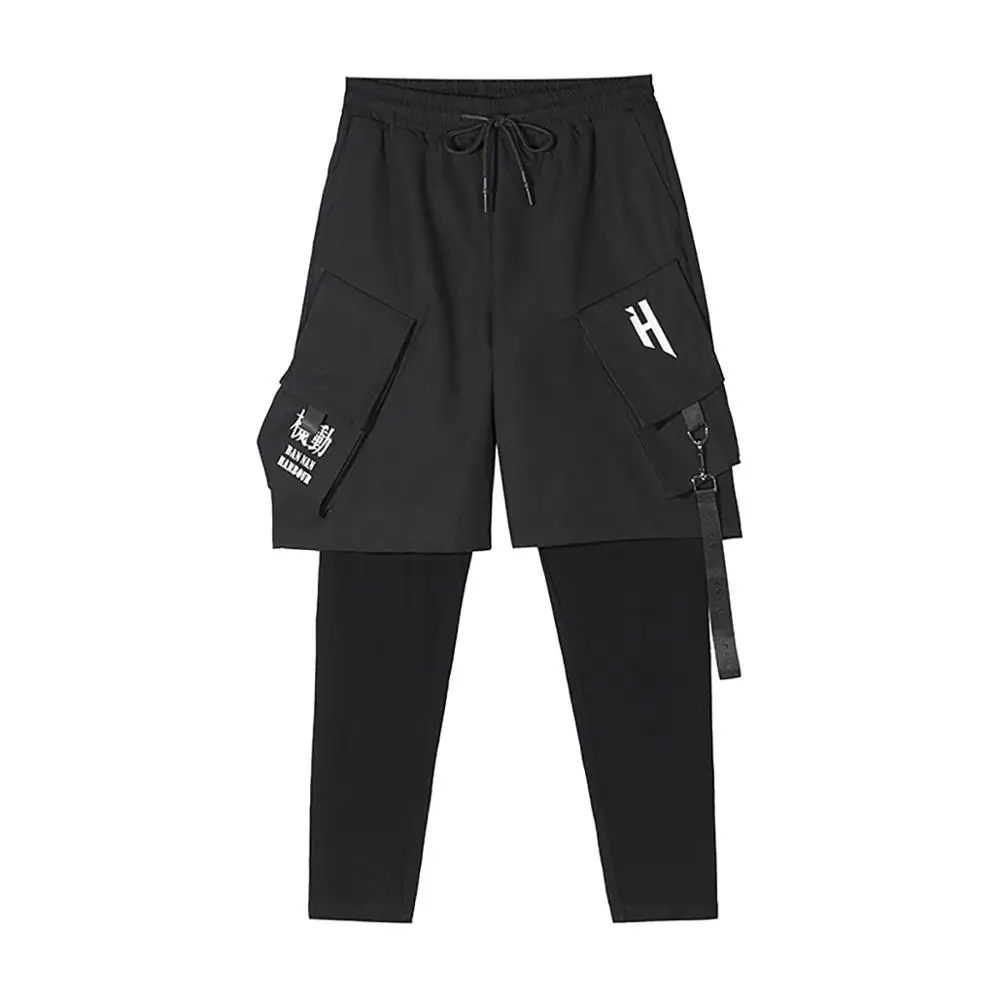 Fake Two Piece Hip Hop Cargo Pants Men‘s Embroidery Drawstring Joggers Ribbon Multi Pockets Techwear Harem Pants 5