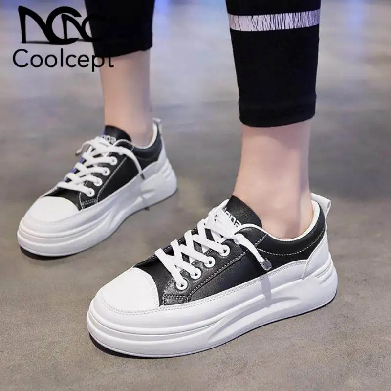 

Coolcept Women Vulcanized Shoes White Sneakers Casual Lace Up Flats Shoes Women Comfort Holiday Travel Footwear Size 35-40