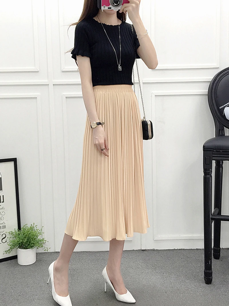 2020 Women pleated skirt high waist casual chiffon skirt female fashion cute spring summer elegant midi skirt women new DR1464 (3)
