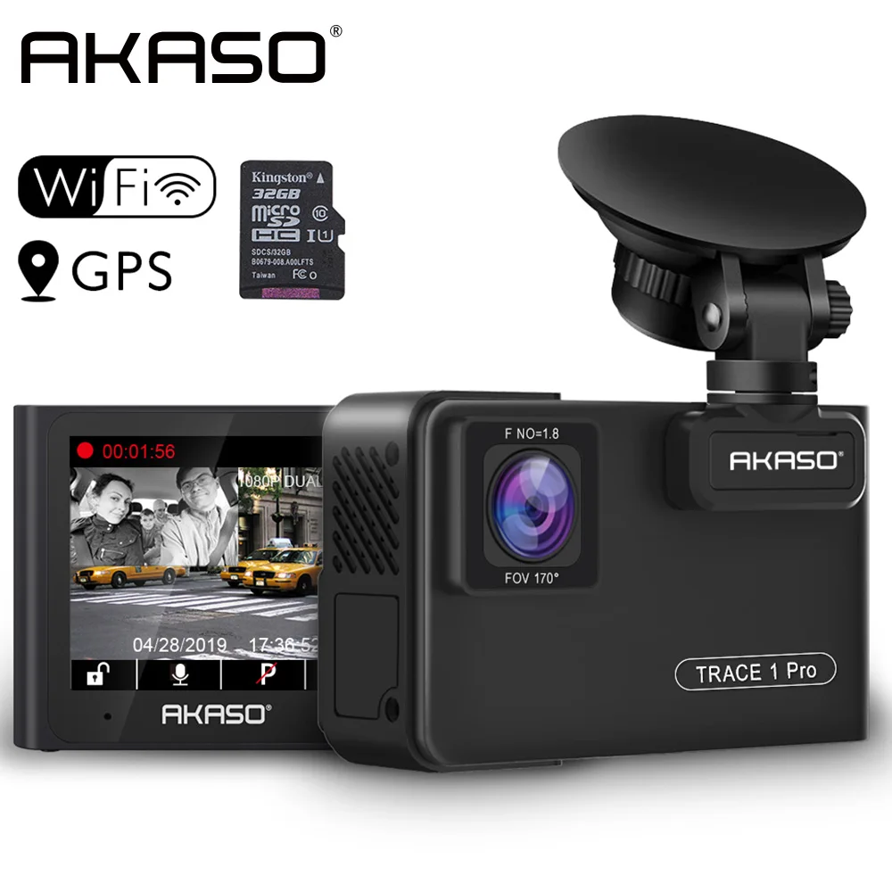 Автомобильный видеорегистратор AKASO Full HD 1080P с двумя объективами 2 K, Wi-Fi, видеорегистратор с приложением для телефона, gps, двойной видеорегистратор, Автомобильный видеорегистратор, карта 32 Гб