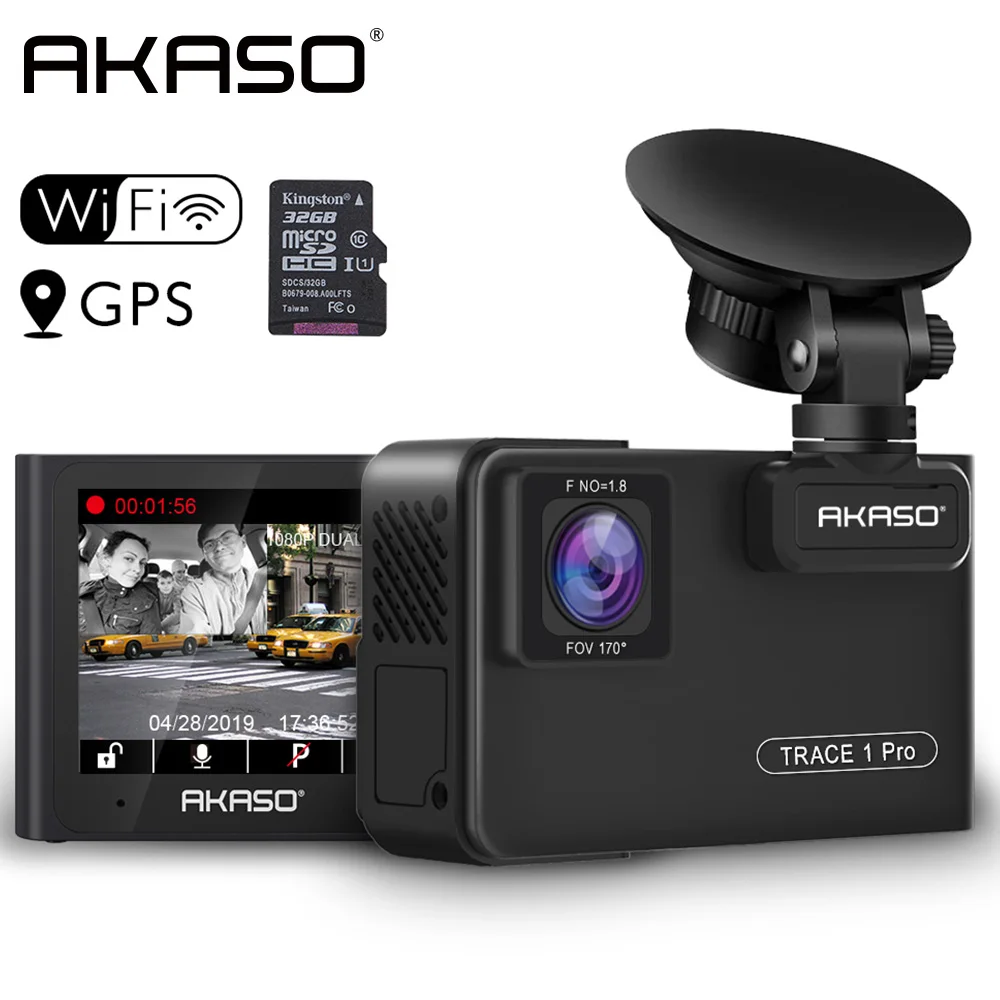 

AKASO Full HD 1080P Dual Lens Car Dash Camera 2K Wifi Dash Cam with Phone App GPS Dual Video Recorder Car DVR Included 32GB Card