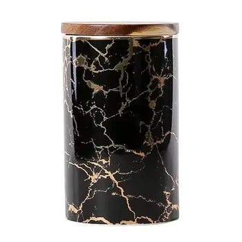 

Sealed Jars And Bamboo Lid Black Marble Pattern Ceramics Storage Bottles Home Kitchen Storage Can Container For Seasoning Food