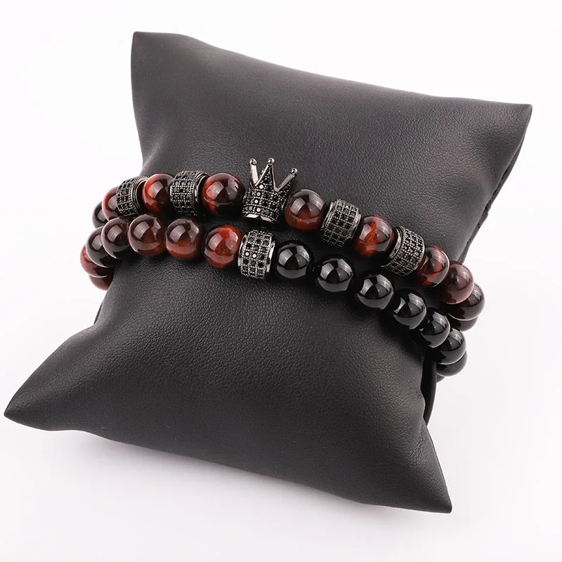 High Quality Natural Red Tiger Eye Onyx Stone Beads Cubic Zircon Charm Elastic Beads Bracelet Set Jewelry Men - Image 5