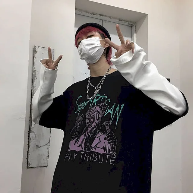 T-shirt Cross of Thorns fake two-piece for men women long-sleeved dark hip-hop loose large size autumn new trend top Simplicity dd1798 repairman