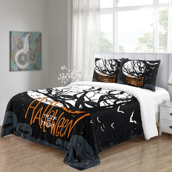 

Kawaii Bedding Set Comforter Duvet Cover Happy Halloween Black Bats and Pumpkin Boy Luxury Designer Customizable Quality 3pcs