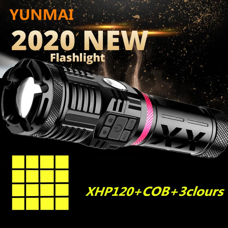 

Super Bright XHP120 Powerful Flashlight Rechargeable COB RED BLUE GREEN LED Hunting Hand Lamp USB Torch 26650 Zoom Flash Light