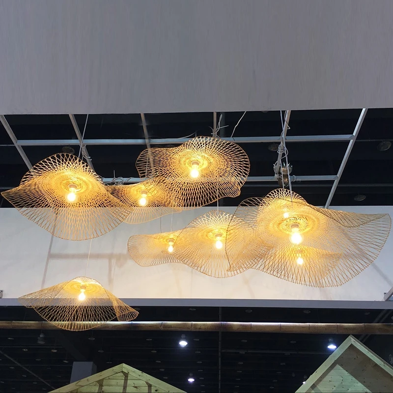 Chinese Style Bamboo Woven Wicker Pendant Lights Natural Rattan Shade Cap Hanging Lamp Restaurant Hotel Bedroom Lighting Fixture