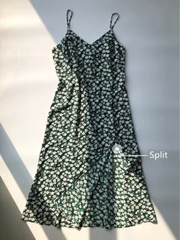 

Daisy Print Split Women's Spaghetti Strap Midi Dress V-neck Sleeveless Sexy Sling Dresses for Holiday