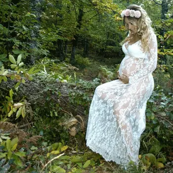 

New Pregnant Ladies Fashion Women Sexy Long Sleeve V-neck Lace Long Maxi Dress Maternity Photography Props