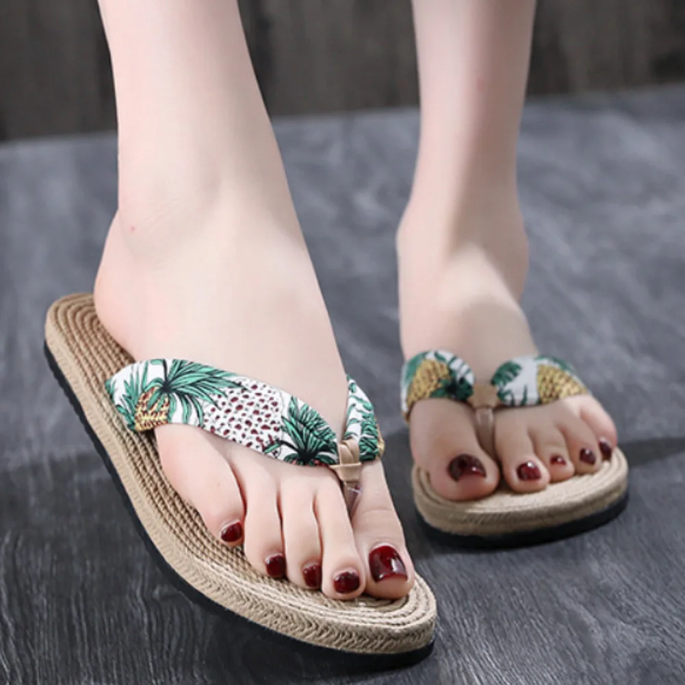 Sandals Women 2022 Summer Floral Flip Flops Beach Sandals Thongs Slippers  Imitation Hemp Rope Travel Flip-flops Flat-bot