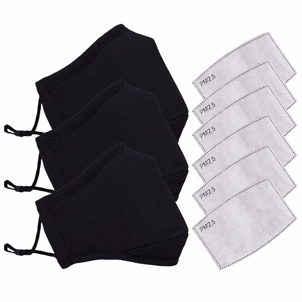3 pçs algodão máscara preta boca máscara anti pm2.5 poeira boca máscara de filtro de carvão ativado máscara de tecido máscara facial lavável