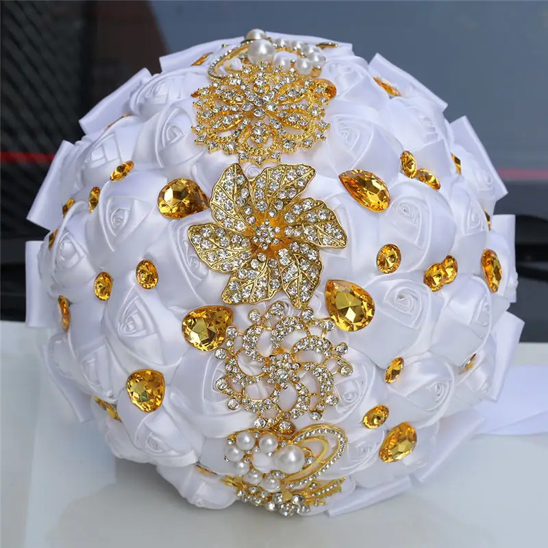 

WifeLai-A Customizable Bride 's Bouquet White Ribbon Rose Flowers Bridal Bouquets Gold Diamond Brooch Bouquets de noiva W227Q