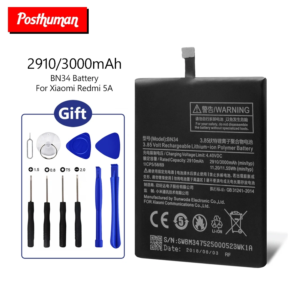 BN34 Replacement Phone Battery BN 34 BN-34 Lithium For Xiaomi Mi Redmi 5A High Capacity 3000mAh With Repair Tools Kit | Мобильные