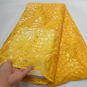 

Yellow Latest Nigerian Sequins With Bead Lace Fabrics High Quality Tulle African Lace Fabric Wedding Dress French Lace Material