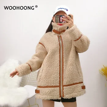 

Winter Granule Sheep Shearing Coat Soft Women Sheep Wool Jacket Female Overcoat Outerwear Loose Oversized Stand-Up Collar