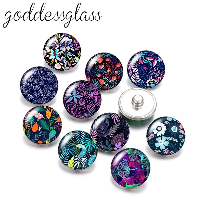 

New Dark style Flowers leaves pattern 10pcs Round photo 12mm/18mm snap buttons for 12mm/18mm snap necklace DIY findings jewelry