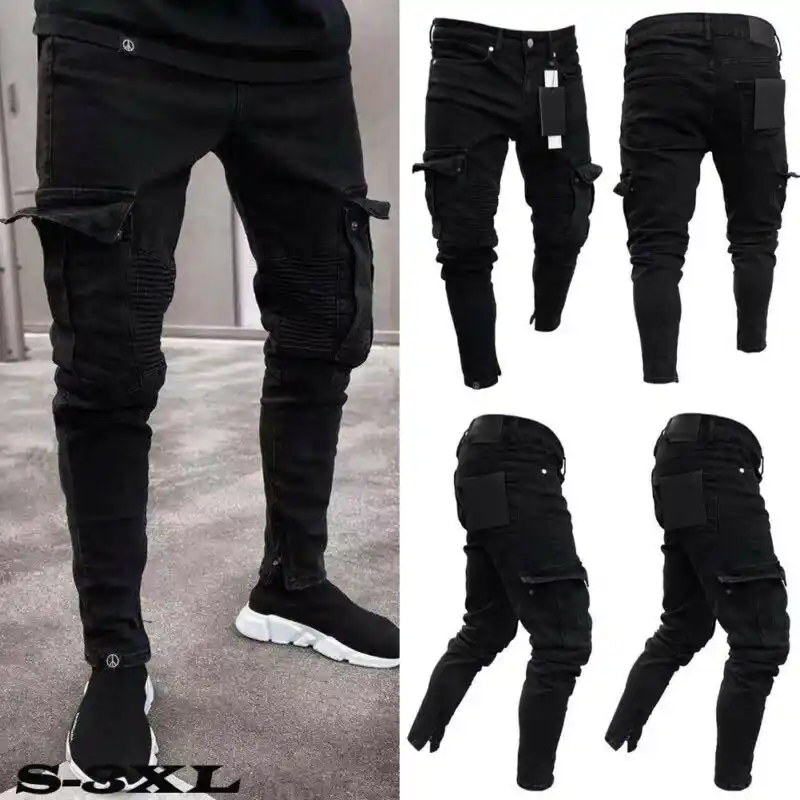 mens skinny cargo pants black