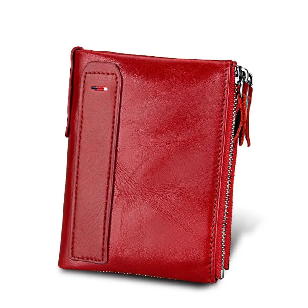 TRASSORY мужской антиrfid Crazy Horse из натуральной кожи роскошный двойной кошелек, бумажник на молнии кредитная и визитная карточка держатель - Цвет: Charet Red