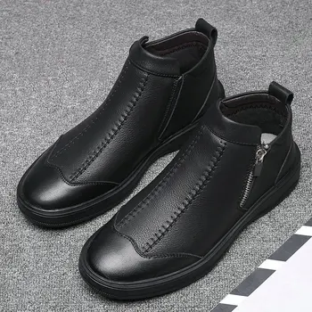 

Men's walking shoes winter men's leather high-top British style plus velvet short boots men Martin boots casual sneakers ZM-107