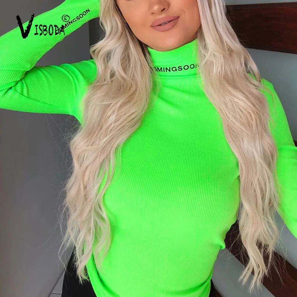 

Neon Green Knitted Top Shirt Women Long Sleeve Turtleneck T-shirt Fashion Letter Printed Female Autumn Winter Elastic Top Femme
