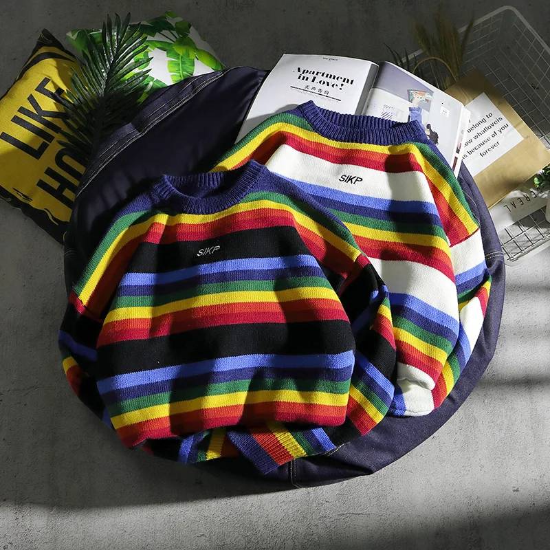 Autumn New Color Striped Sweater Men Warm Fashion Sweter Clothes Casual Knit Sweaters Man Loose Long-sleeved Pullover Men M-2XL
