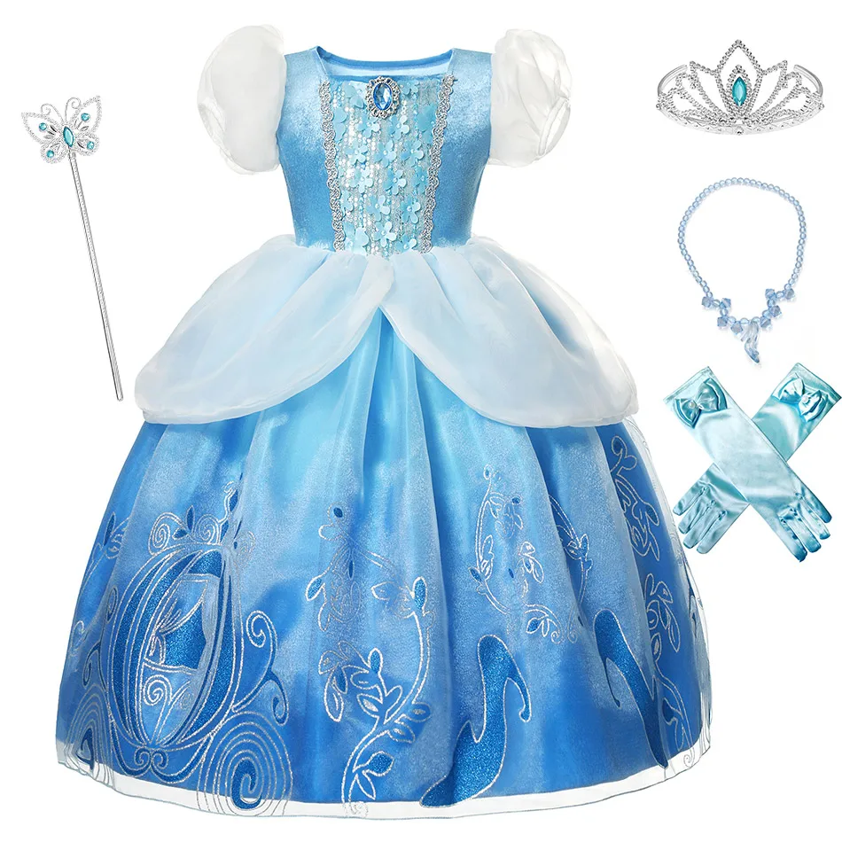 Прекрасный Костюм Золушки для девочек; карнавальное платье принцессы для ролевых игр; рождественские вечерние платья синего цвета; свадебное платье с цветочным узором для девочек - Цвет: Dress Set E