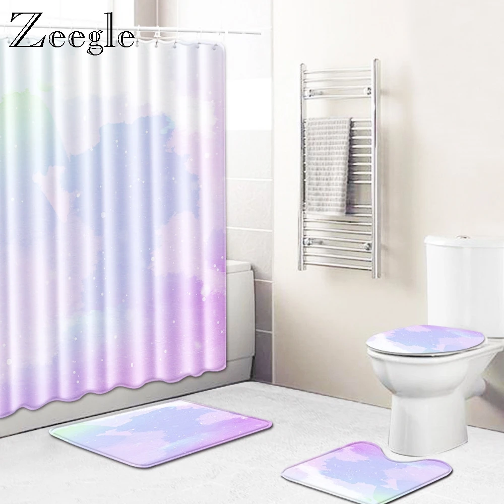 Zeegle Flannel 4pcs Bathroom Mat Suit Toilet Floor Rug Washing Machine Mat Anti Slip Rug Waterproof Shower Curtain with Hooks