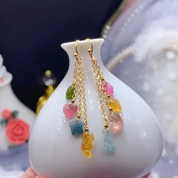 

Genuine Natural Colorful Tourmaline Carved Earrings For Fashion Women 6.5-12mm Beads Size 14K Gold AAAAA Certificate