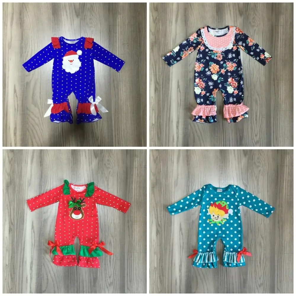 Осенне-зимний костюм для прыжков; Эксклюзивная одежда для маленьких девочек с цветочным принтом «Королевский Санта»; хлопковый комбинезон с оборками и длинными рукавами для малышей