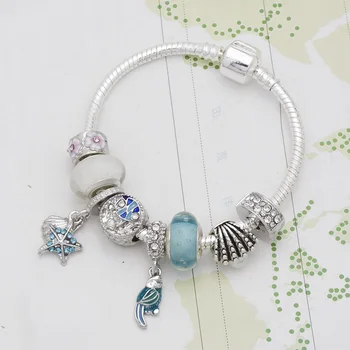 

Mingshang Silver Color bird Pendant Charm Bracelets & Bangle with Blue glass Beads Jewelry women bracelets