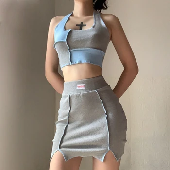 

ArtSu Patchwork Sleeveless Halter Skinny Two Pieces Set For Women Sexy Backless Crop Top And Mini Bodycon Skrits Mujer SU52064