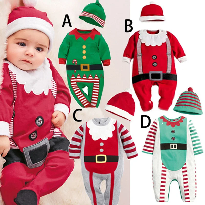Рождественский костюм для маленьких мальчиков и девочек; комплект с длинными рукавами; комбинезон Санта-Клауса с шапочкой; праздничные костюмы; цельнокроеный комбинезон эльфа для маленьких мальчиков