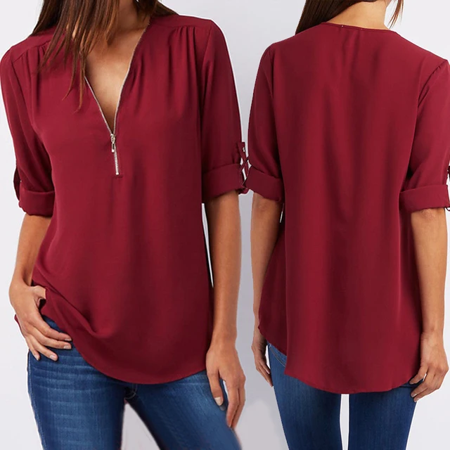 US $7.42 Women Chiffon V-Neck Blouse Summer Autumn Casual Half Sleeve Solid Tops Loose Zipper Bluses Shirts