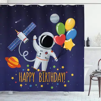 

Birthday Shower Curtain, Space Lover Theme Astronaut with Party Balloons on Blue Colored Background, Cloth Fabric Bathroom Decor