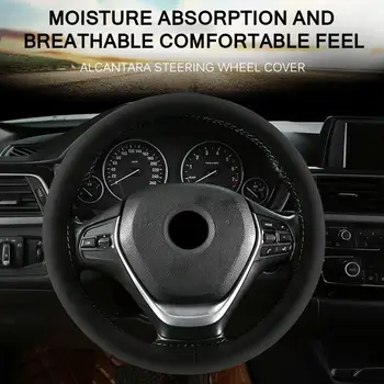 

New Suede Fiber Car Steering Wheel Cover Anti-Slip Car Steering-Wheel Braid Stitch On Wrap With Needle Thread 38cm 14.93inch