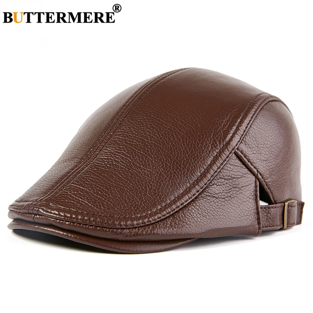 BUTTERMERE Men Beret Hat Real Leather Flat Cap Sheepskin Autumn Winter Male Brown Adjustable High Quality Gatsby Mens Beret Caps red beret for men