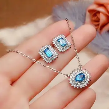 

SHILOVEM 925 STERLING SILVER NATURAL BLUE TOPAZ EARRINGS PENDANTS FINE JEWELRY WOMEN WEDDING OPEN SEND NECKLACE CTZ04506050722AG