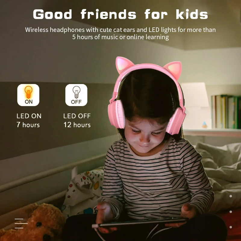 Cute Cat LED Bluetooth 5 0 Headphone With TV PC Car Laptop Bluetooth Adapter Wireless Noise Cancel Music Helmet For Kid Girl