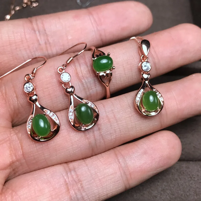 

[MeiBaPJ Natural Chalcedony Gemstone Earrings Ring and Necklace for Women Real 925 Sterling Silver Green Stone Fine Jewelry Set