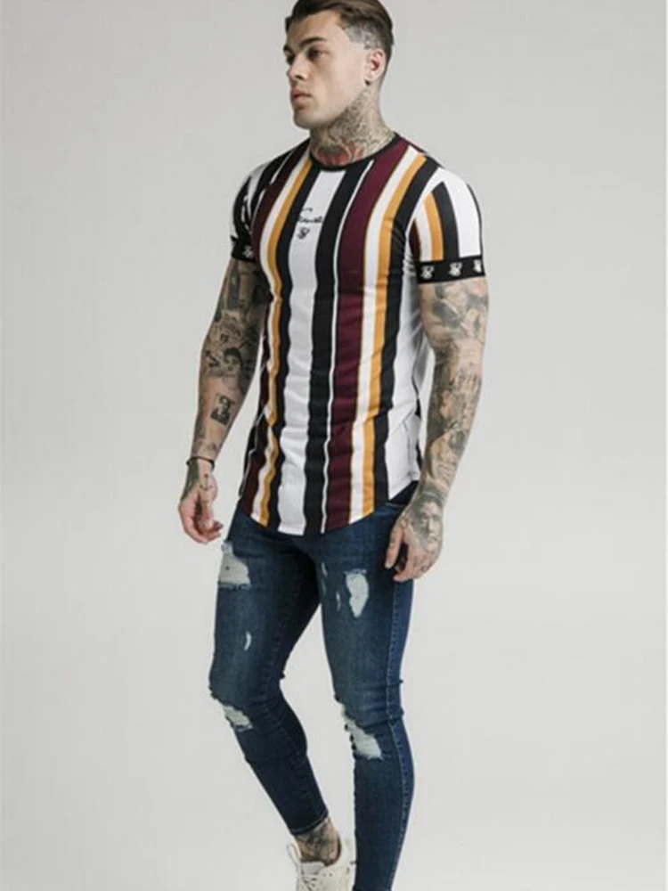 Летняя модная мужская уличная хип-хоп полосатая футболка из шелка с принтом, полосатая футболка с круглым вырезом и коротким рукавом из полиэстера